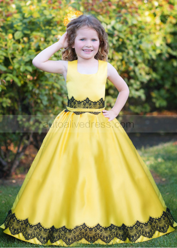 Square Neck Sleeveless Yellow Satin Lace Trim Flower Girl Dress